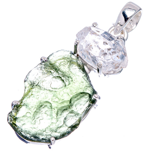 Sterling silver gemstone pendant with green moldavite and clear crystal, bezel prongs