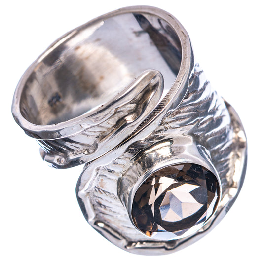 Smoky quartz cabochon ring in engraved .925 sterling silver, size 7.5, side view