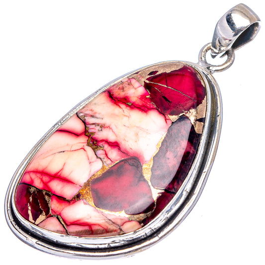 Sterling silver teardrop pendant with red-pink stone mosaic and raised border