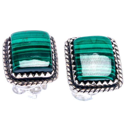 Rectangular malachite stud earrings with silver rope bezel and scalloped border, .925 sterling pair
