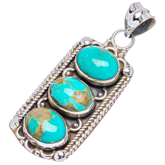 Sterling silver turquoise pendant with three oval cabochons and loop bail, ornate border