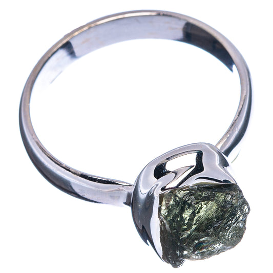 Sterling silver ring with dark green rough moldavite stone, wide bezel setting