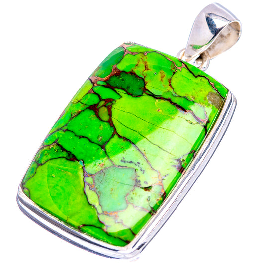 Green turquoise pendant in .925 sterling silver bezel with bail, oblong rectangle