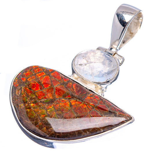 Silver heart pendant with faceted ammolite mosaic and round rainbow moonstone