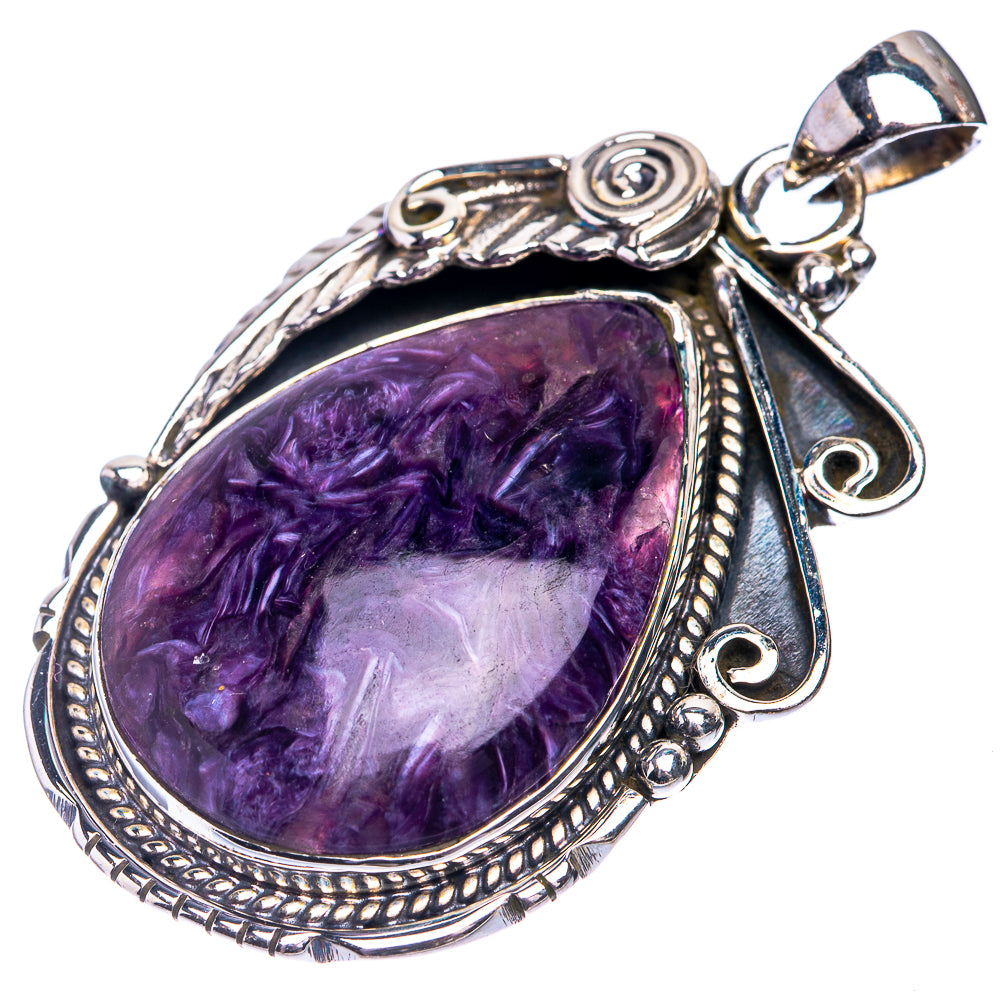 Sterling silver charoite pendant with purple teardrop stone and ornate bail with hooks