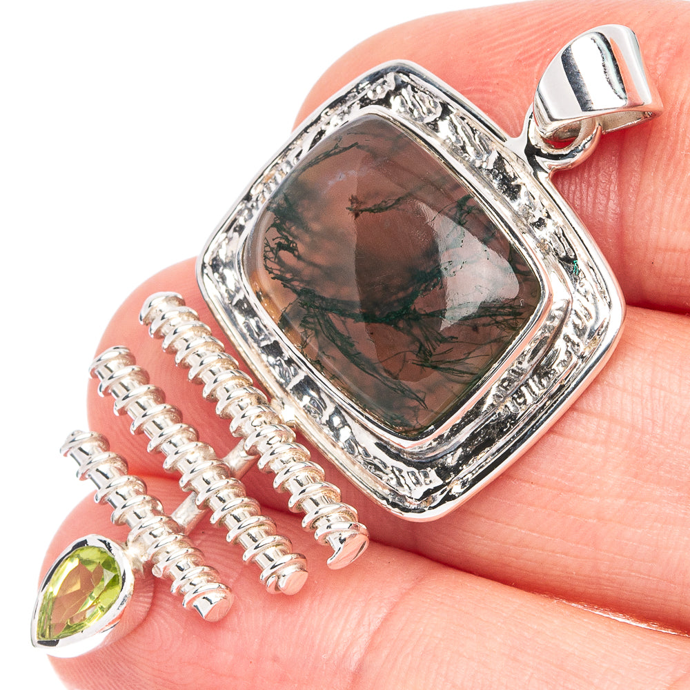 Sterling silver pendant with square green moss agate and green peridot accents