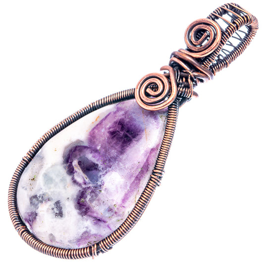 Amethyst wire wrap pendant with oxidized copper chevron-style swirl setting