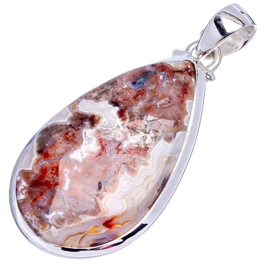 Sterling silver teardrop pendant with lace agate stone, white veins over dark brown