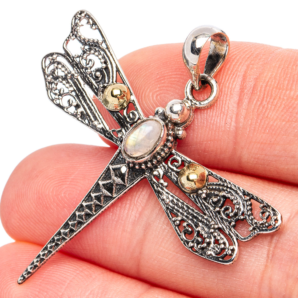 Dainty Rainbow Moonstone Dragonfly Pendant 1 5/8" (.925 Sterling Silver)