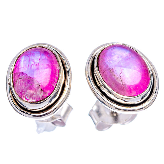 Pink moonstone stud earrings with oval cabochon, .925 sterling silver bezel, post