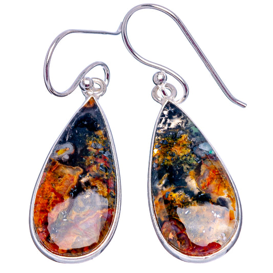 Teardrop agate drop earrings, sterling silver hooks with multicolor amber, navy, and cream stone