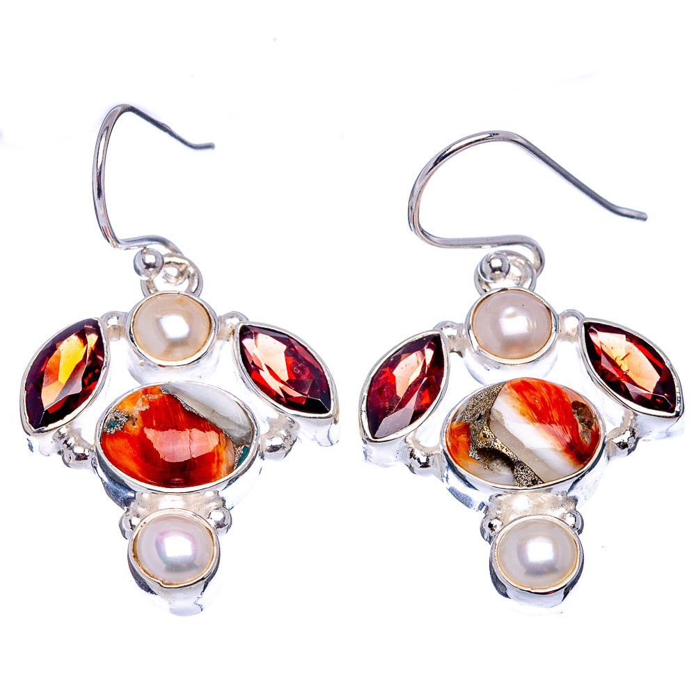 Premium Spiny Oyster Turquoise, Garnet, Pearl Earrings 1 1/2" (.925 Sterling Silver)
