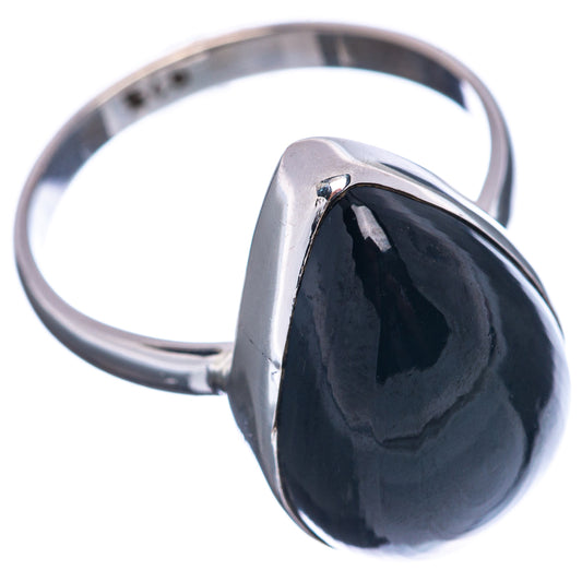 Sterling silver obsidian ring, oval black stone on wide band, size 9