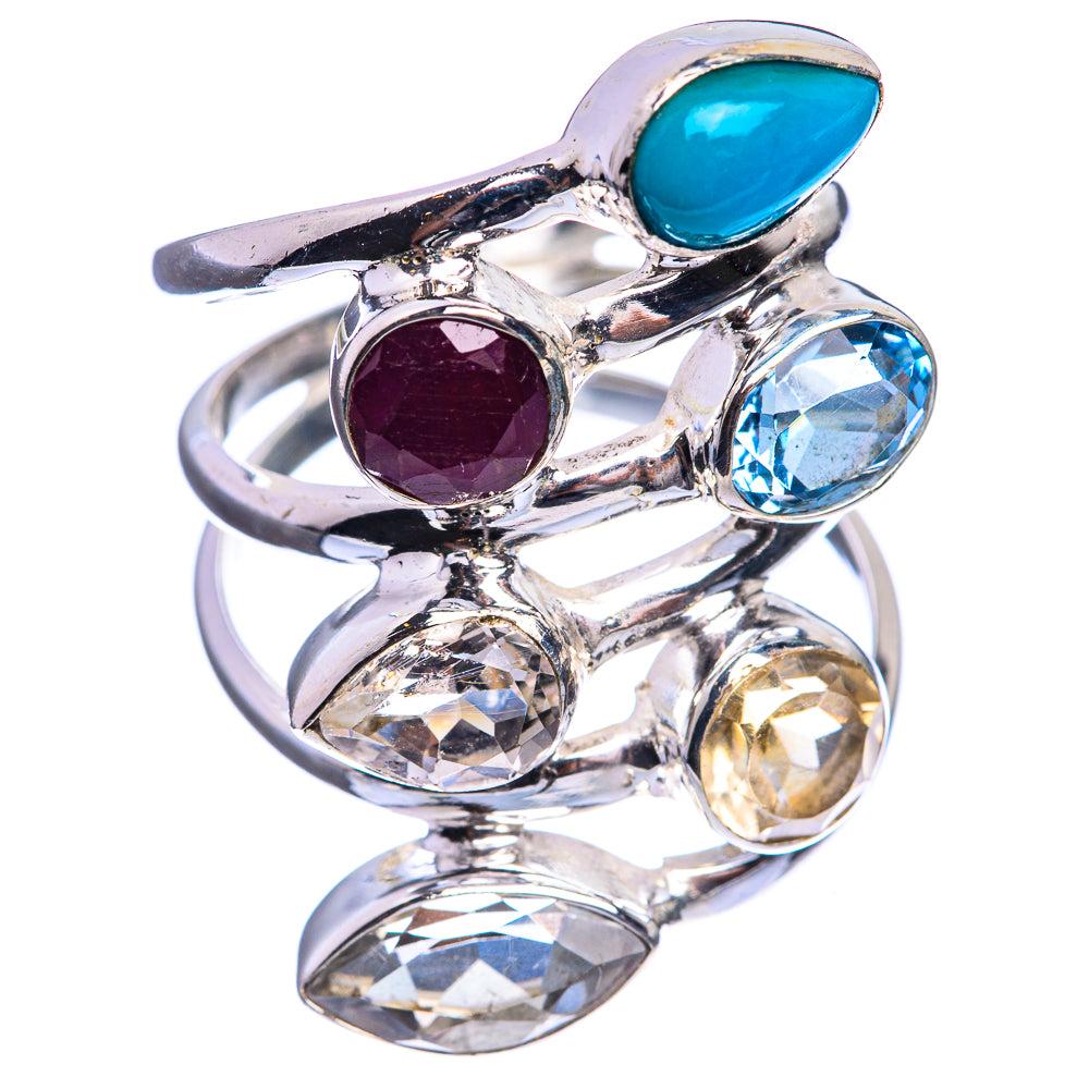 Large Sleeping Beauty Turquoise, Ruby, Blue Topaz, White Quartz, Citrine 925 Sterling Silver Ring Size 7.75