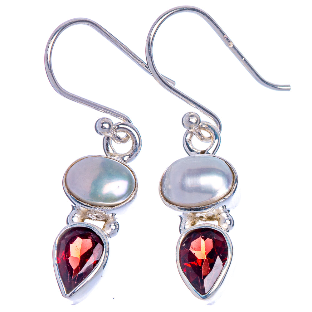 Cultured pearl and garnet drop earrings in 925 sterling silver, oval pearl with red stone