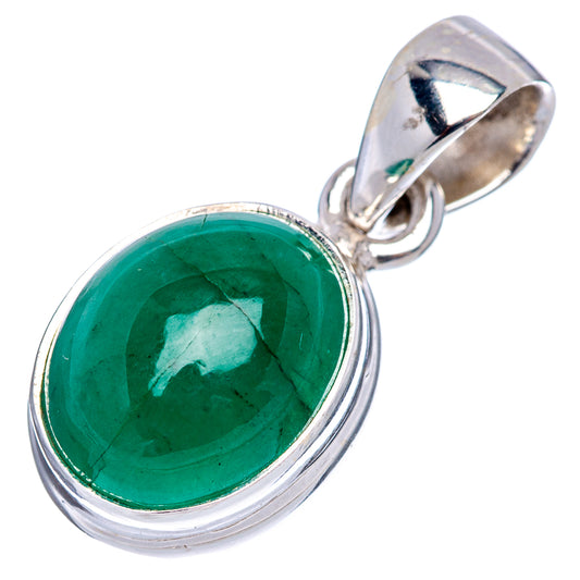 Oval green emerald cabochon pendant with sterling silver bail and bezel