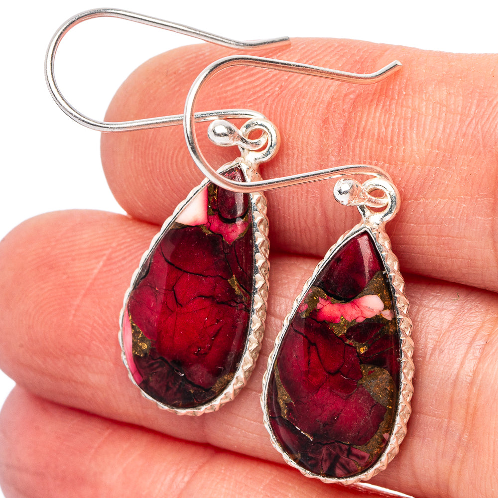 .925 sterling silver teardrop drop earrings with red marbled gemstone centers