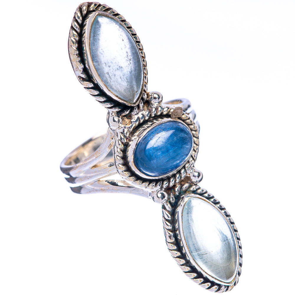 Sterling silver oval kyanite ring with blue center stone and matching oval side stones