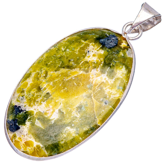 Silver-plated teardrop stichtite pendant with loop, green-yellow marbled stone
