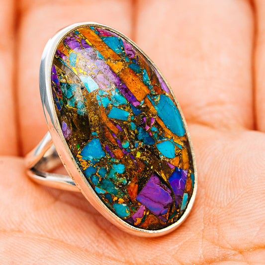 Oval .925 sterling silver ring with multicolor turquoise mosaic inlay, side profile