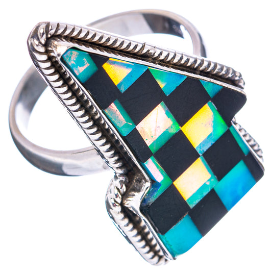 Sterling silver ring angled view, black opal check mosaic with turquoise-blue highlights