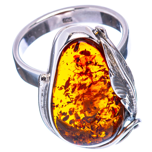 925 sterling silver ring with oval Baltic amber gemstone and leaf setting
