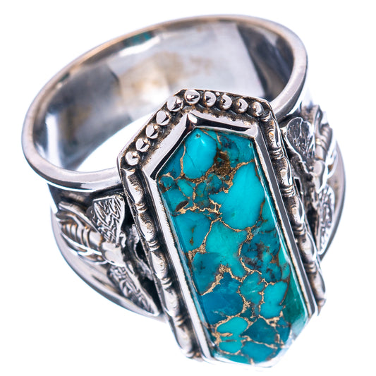 Sterling silver turquoise ring with blue-green rectangular stone and carved band details