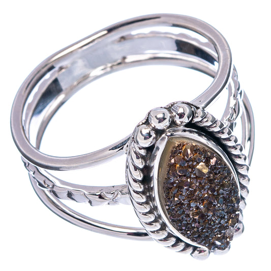 Oval black druzy ring in shiny silver with ornate braided shank, size 8.5