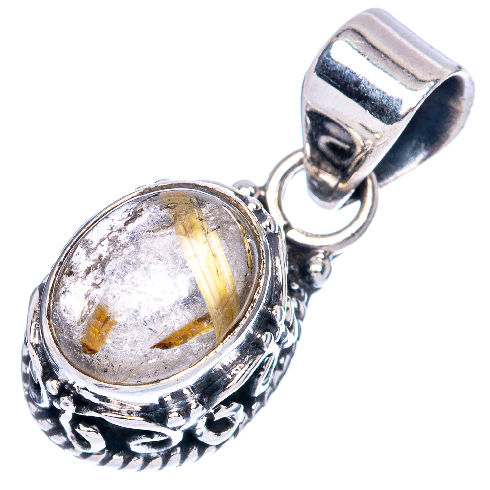 Oval rutilated quartz pendant with detailed sterling silver bail and bezel