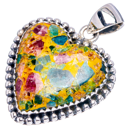 Multicolor tourmaline matrix heart pendant with scalloped silver bezel and bail