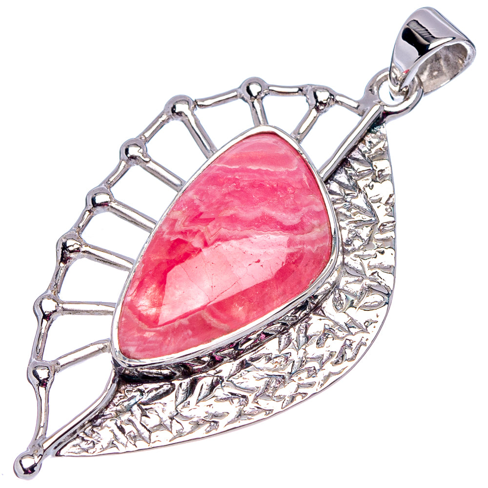 Teardrop rhodochrosite pendant in .925 sterling silver with pink stone and openwork frame.