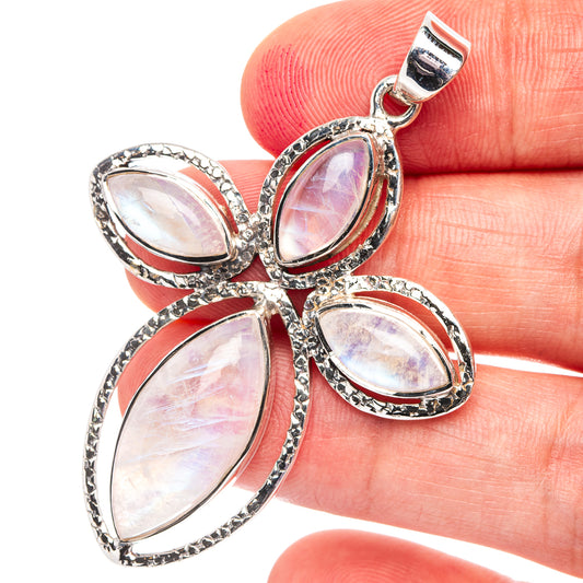 Sterling silver flower pendant with four oval rainbow moonstone drops and bail
