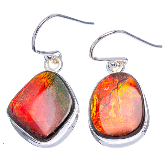 Ammolite teardrop earrings, iridescent red-orange-green bezel set on silver hooks
