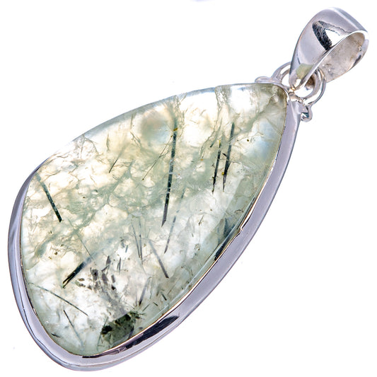 Prehnite teardrop pendant, .925 sterling silver frame, pale green stone with needle inclusions