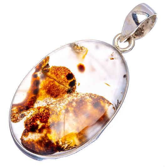 Oval Montana agate pendant in .925 sterling silver bezel, white with amber-brown patterns