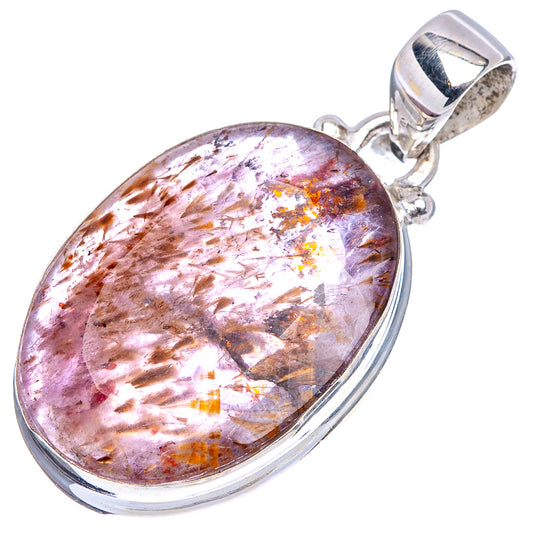 Oval cacoxenite cabochon sterling silver pendant with polished loop bail and side accents