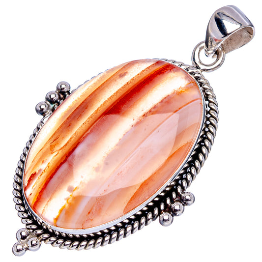 Oval banded carnelian pendant in .925 sterling silver with bead-edge border