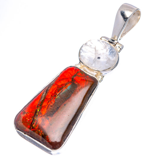 925 sterling silver pendant with red-green iridescent ammolite and white moonstone cabochon