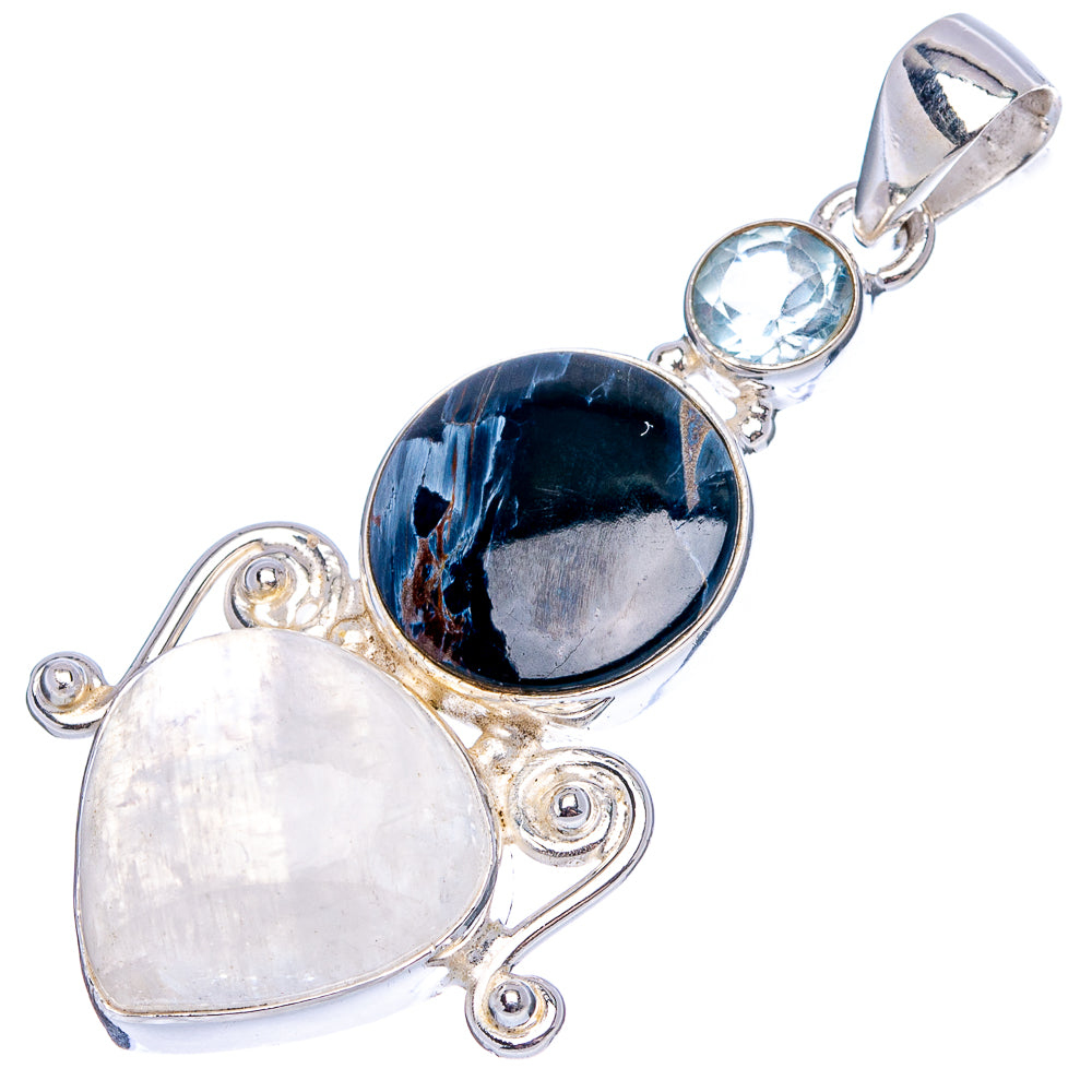 Premium Pietersite, Rainbow Moonstone, Blue Topaz Pendant 2 1/8" (.925 Sterling Silver)