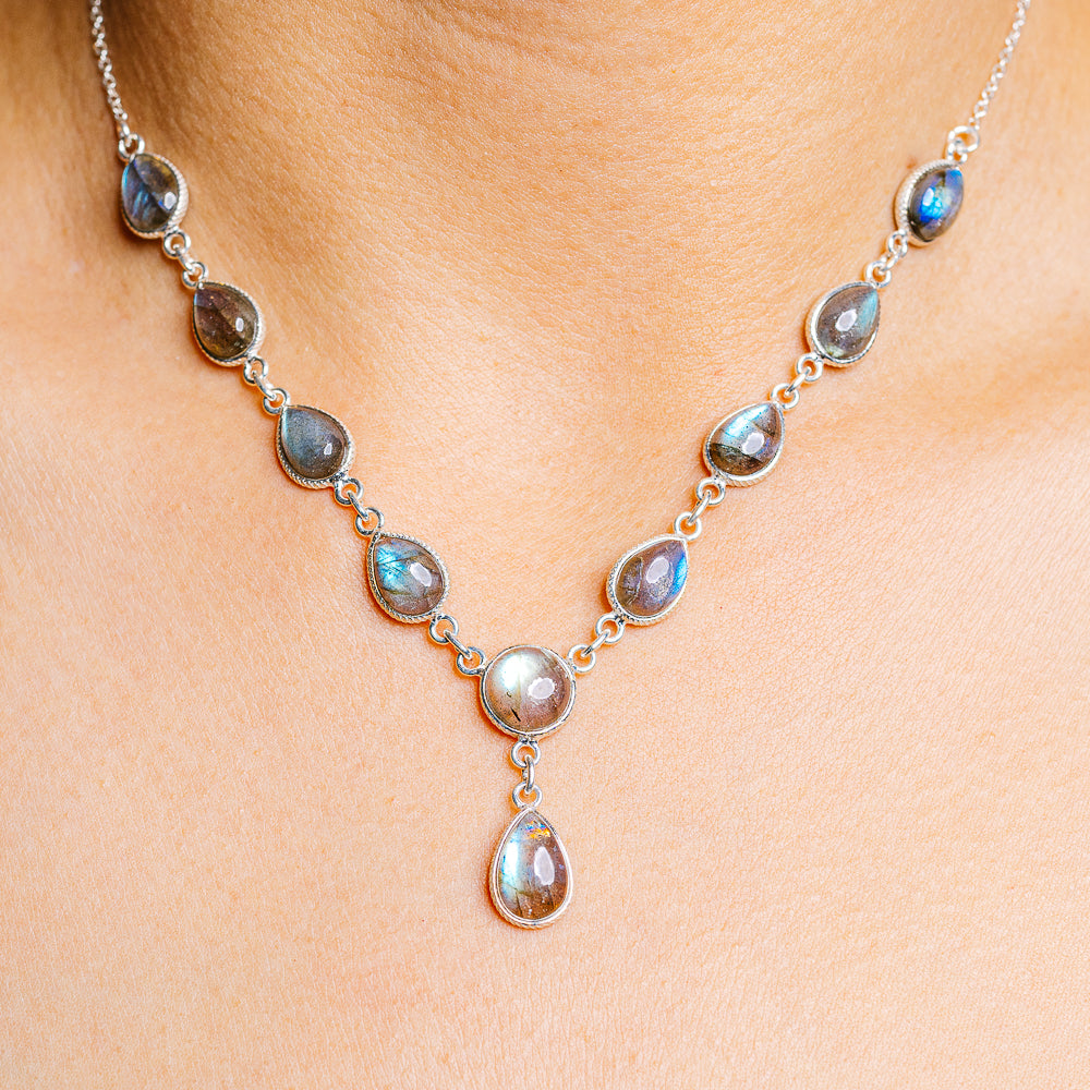 Sterling silver labradorite necklace with teardrop stones, 16–17 in
