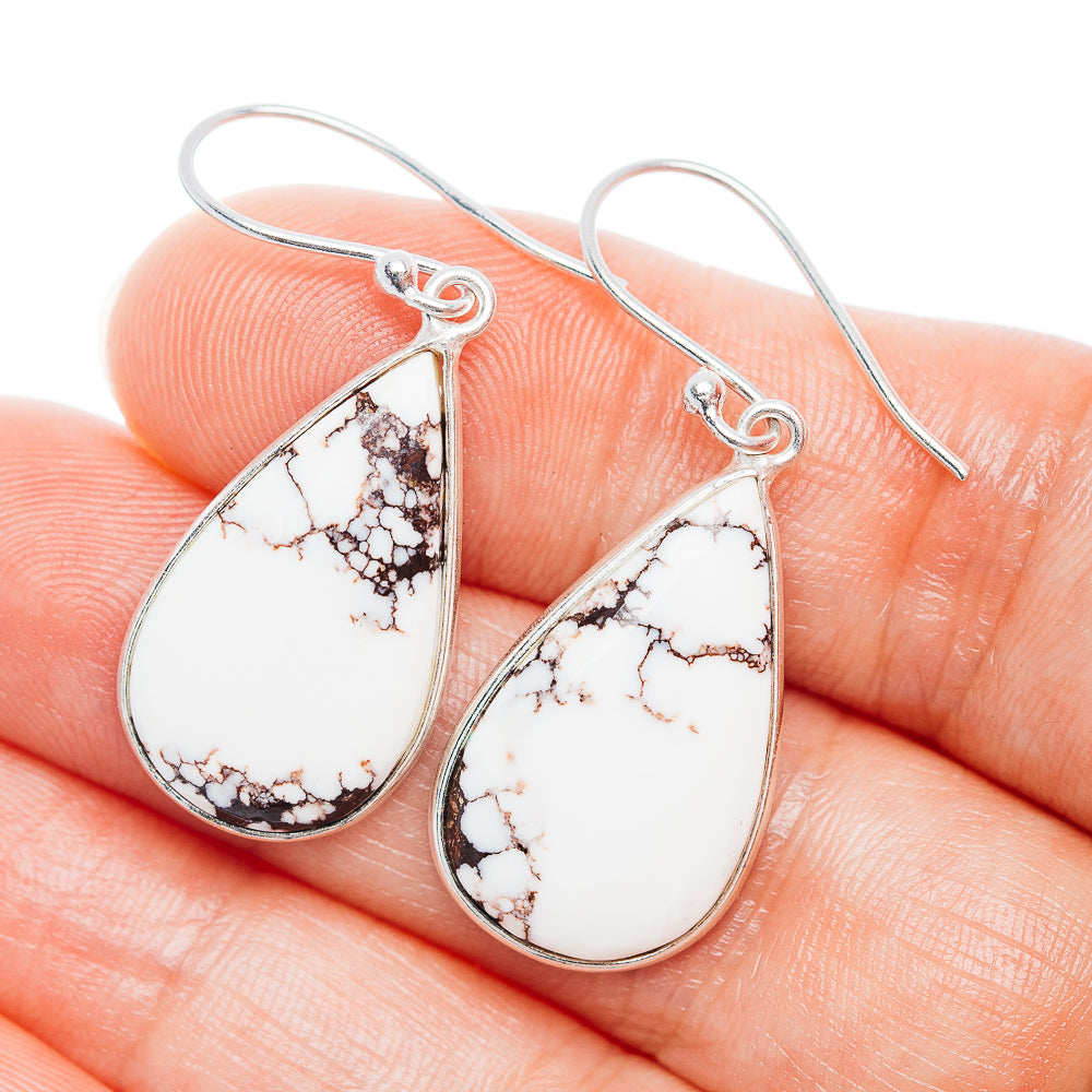 Teardrop jasper drop earrings in .925 sterling silver, white with brown veining.