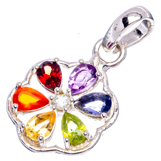 Sterling silver heart pendant with red, purple, blue, green, and orange gemstones