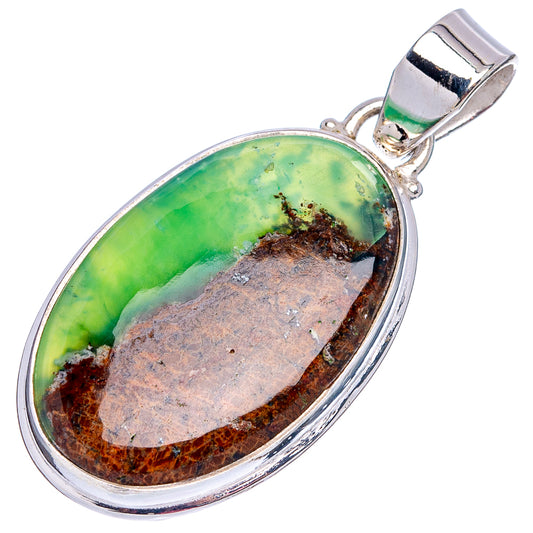 Sterling silver boulder chrysoprase pendant, oval green stone with brown matrix, bezel