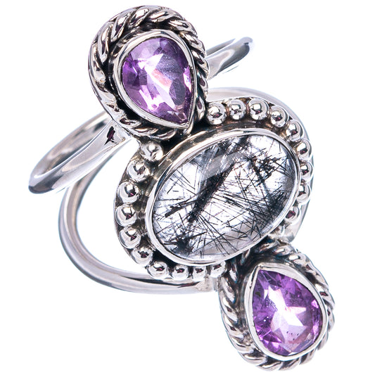 Silver statement ring with purple oval stones and oval tourmalinated quartz bezel