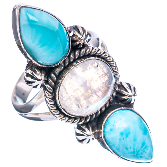 Oval moonstone and blue teardrop gemstone silver ring with three stones and star accents