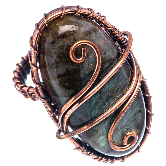 Oxidized copper wire-wrap labradorite ring with large teardrop stone and swirl colors