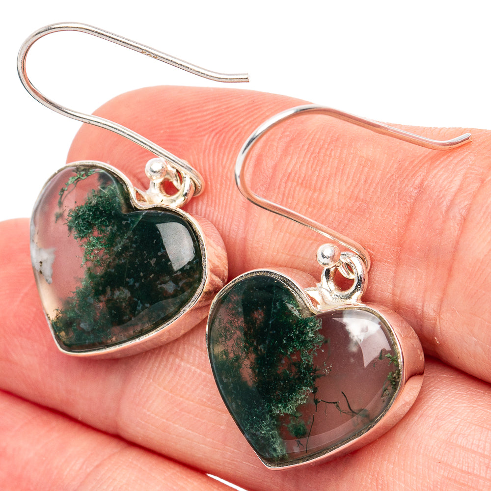 Green Moss Agate Heart Earrings 1 3/8" (.925 Sterling Silver)