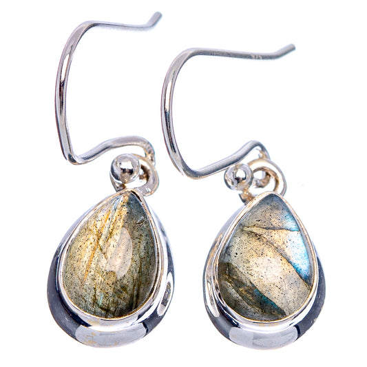 Sterling silver labradorite teardrop drop earrings with prong-set stone, blue-gold flash