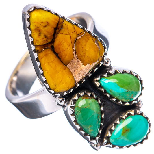Sterling silver adjustable ring with yellow cabochon stones and green turquoise accents, bezel settings