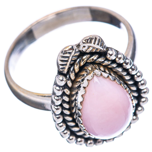 Sterling silver opal ring, oval pink stone on ornate leaf and beaded band